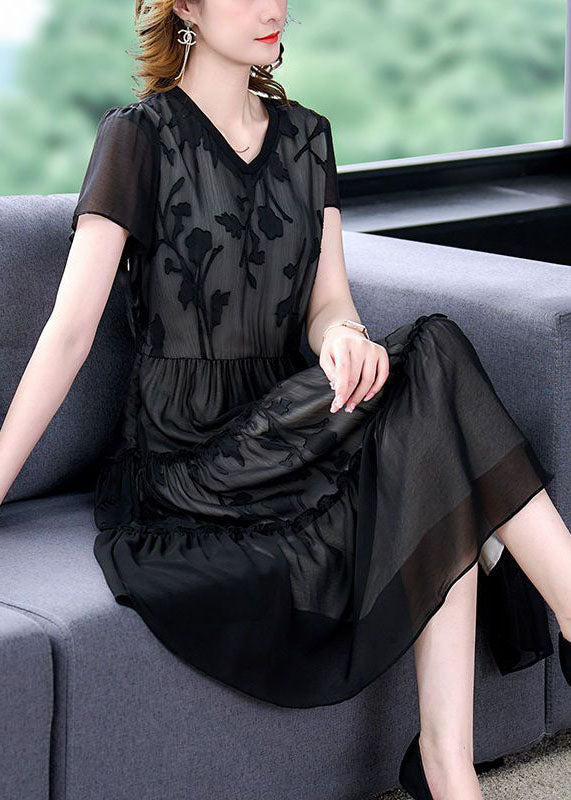 Boho Black Embroideried Patchwork Ruffled Chiffon Maxi Dresses Summer TH1005 - fabuloryshop