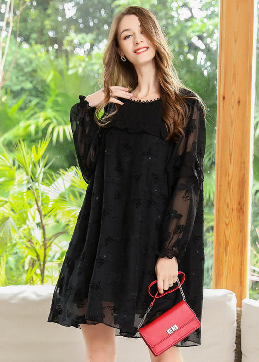 Boho Black Embroideried Patchwork Ruffles Chiffon Maxi Dresses Spring LY0271 - fabuloryshop