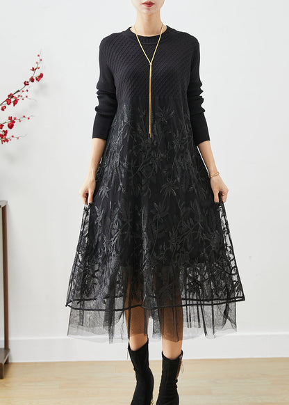 Boho Black Embroideried Tulle Patchwork Knit Long Dress Fall Ada Fashion