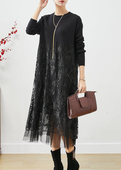 Boho Black Embroideried Tulle Patchwork Knit Long Dress Fall Ada Fashion