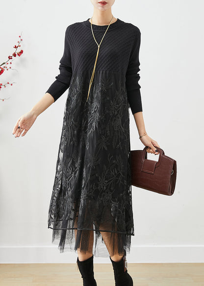 Boho Black Embroideried Tulle Patchwork Knit Long Dress Fall Ada Fashion