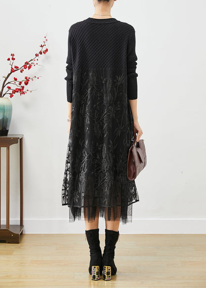 Boho Black Embroideried Tulle Patchwork Knit Long Dress Fall Ada Fashion