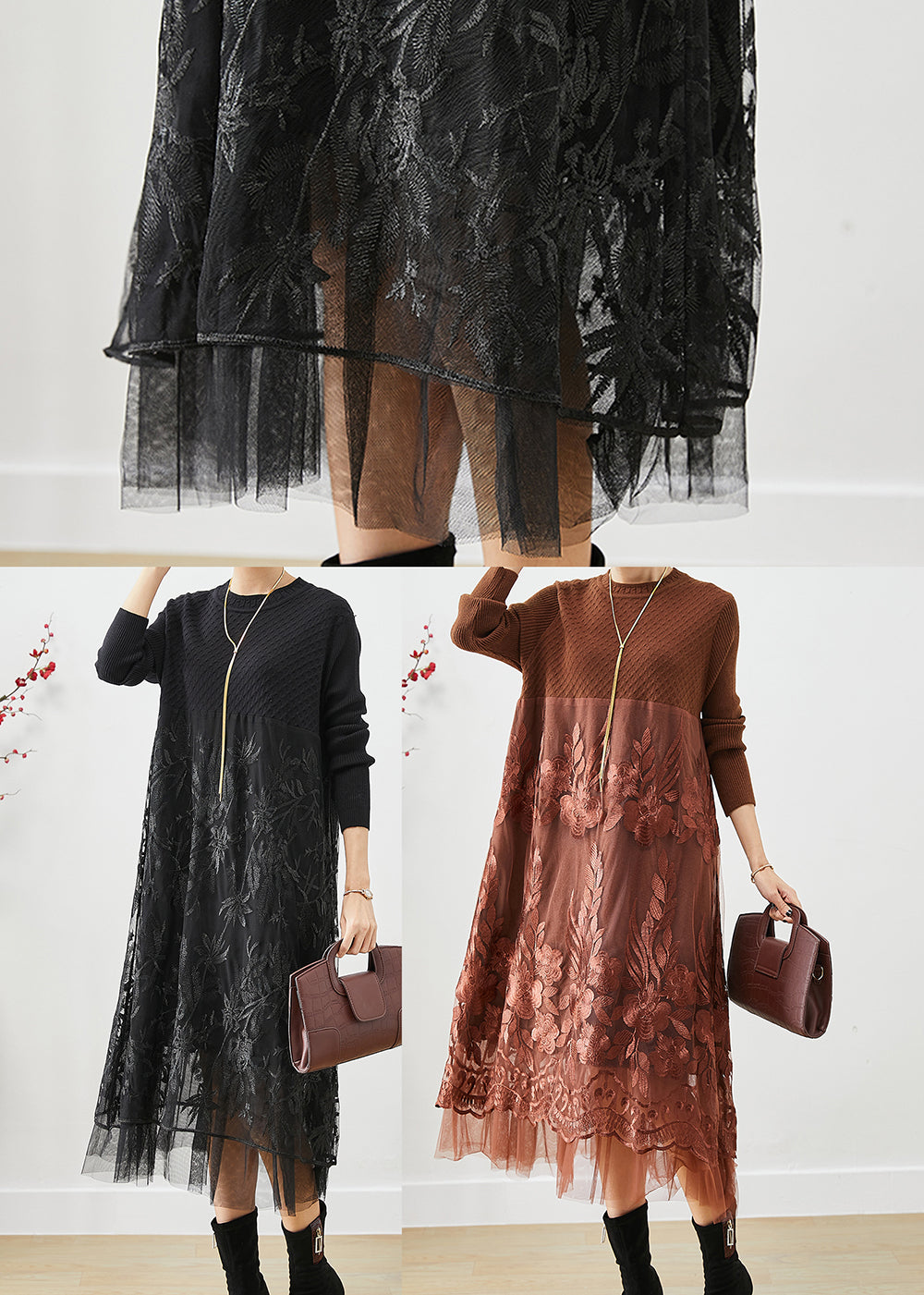 Boho Black Embroideried Tulle Patchwork Knit Long Dress Fall Ada Fashion