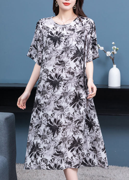 Boho Black Grey O Neck Print Patchwork Chiffon Dresses Half Sleeve Ada Fashion