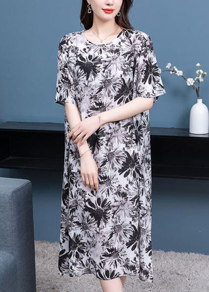 Boho Black Grey O Neck Print Patchwork Chiffon Dresses Half Sleeve Ada Fashion