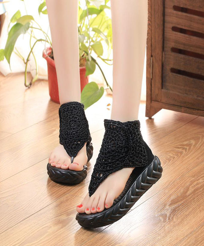 Boho Black Knit Fabric Splicing Platform Peep Toe Sandals LY1746 - fabuloryshop