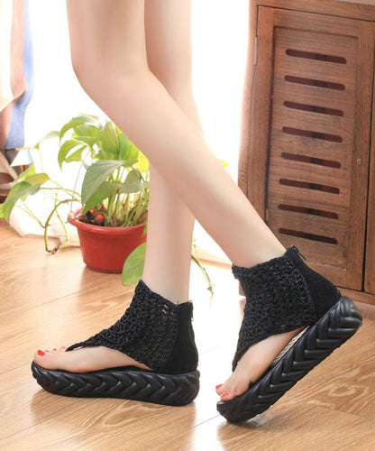 Boho Black Knit Fabric Splicing Platform Peep Toe Sandals LY1746 - fabuloryshop