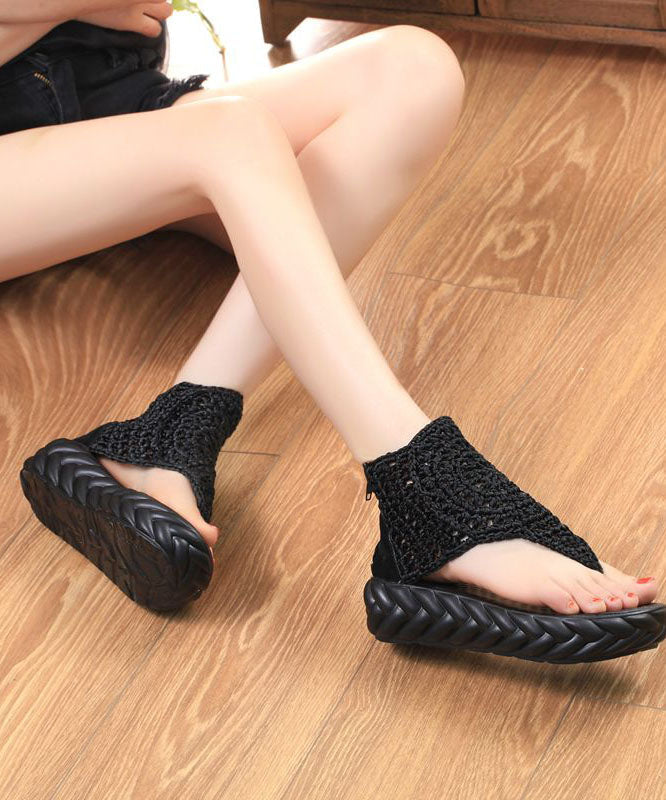 Boho Black Knit Fabric Splicing Platform Peep Toe Sandals LY1746 - fabuloryshop