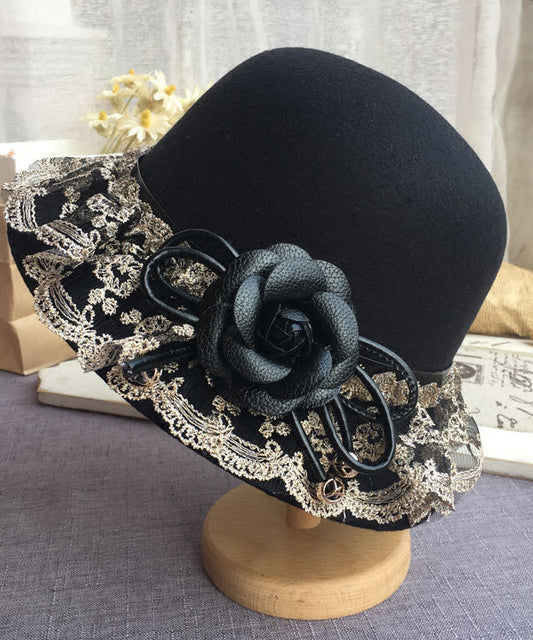 Boho Black Lace Patchwork Floral Woolen Bucket Hat LY541