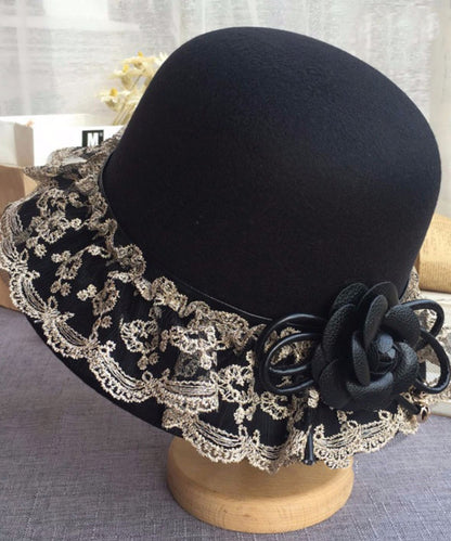 Boho Black Lace Patchwork Floral Woolen Bucket Hat LY541 - fabuloryshop