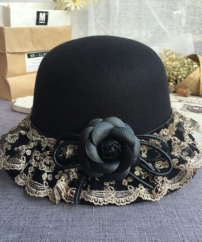 Boho Black Lace Patchwork Floral Woolen Bucket Hat LY541 - fabuloryshop