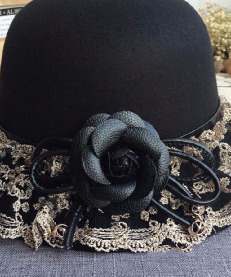 Boho Black Lace Patchwork Floral Woolen Bucket Hat LY541 - fabuloryshop