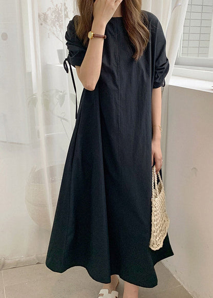 Boho Black O-Neck Drawstring Cotton Long Dress Summer LY2165 - fabuloryshop