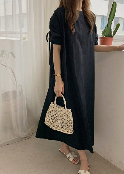 Boho Black O-Neck Drawstring Cotton Long Dress Summer LY2165 - fabuloryshop