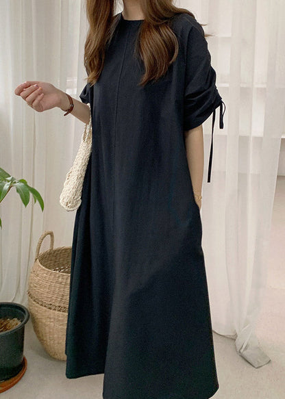 Boho Black O-Neck Drawstring Cotton Long Dress Summer LY2165 - fabuloryshop