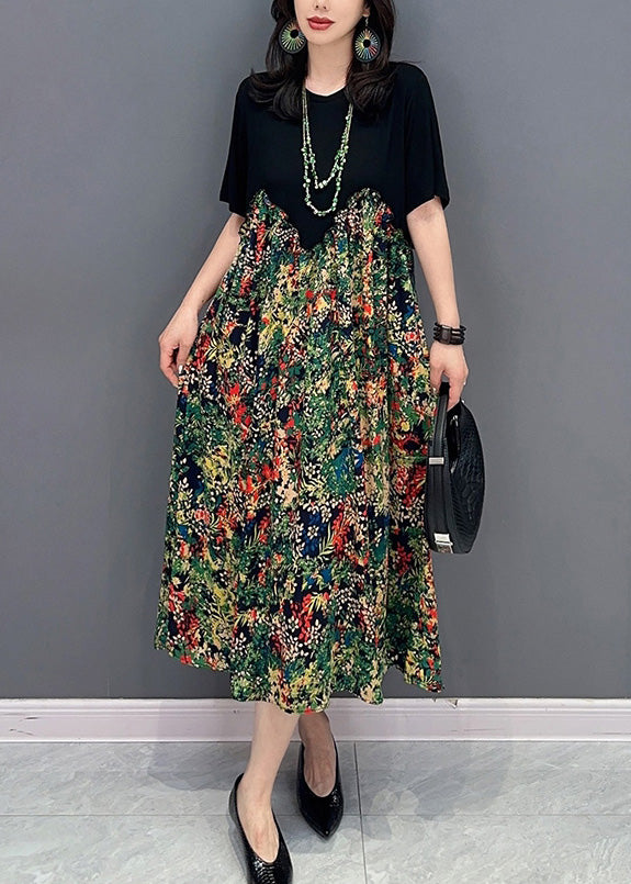 Boho Black O-Neck Patchwork Print Long Dress Short Sleeve LY4376 - fabuloryshop