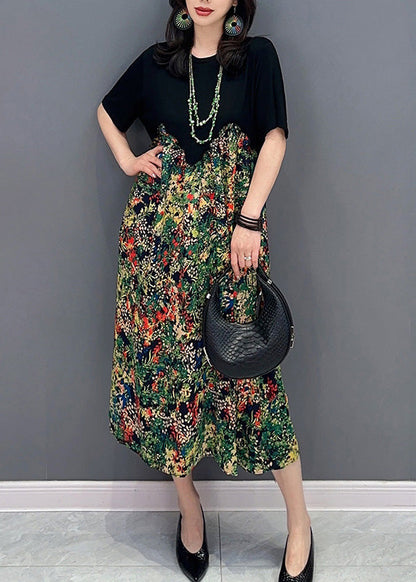 Boho Black O-Neck Patchwork Print Long Dress Short Sleeve LY4376 - fabuloryshop