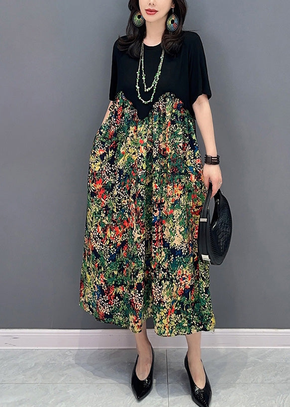 Boho Black O-Neck Patchwork Print Long Dress Short Sleeve LY4376 - fabuloryshop