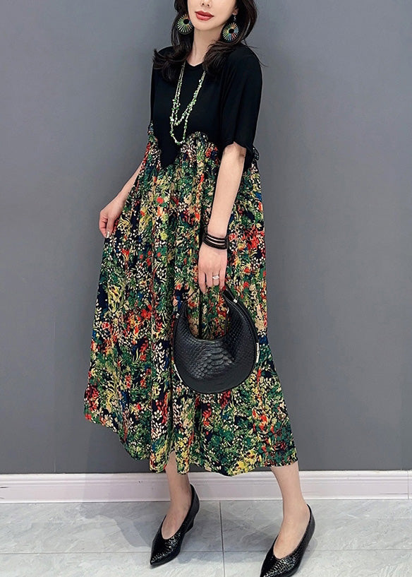 Boho Black O-Neck Patchwork Print Long Dress Short Sleeve LY4376 - fabuloryshop