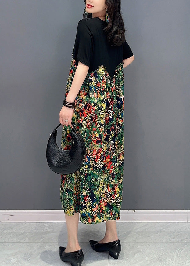 Boho Black O-Neck Patchwork Print Long Dress Short Sleeve LY4376 - fabuloryshop