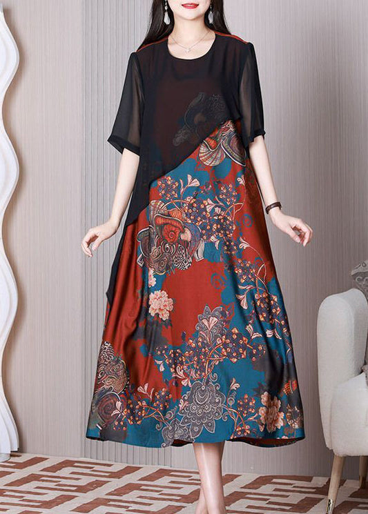 Boho Black O-Neck Patchwork Silk Fake Two Piece Long Dress Summer LY3765 - fabuloryshop