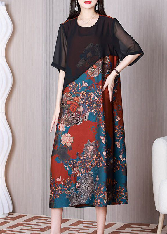 Boho Black O-Neck Patchwork Silk Fake Two Piece Long Dress Summer LY3765 - fabuloryshop