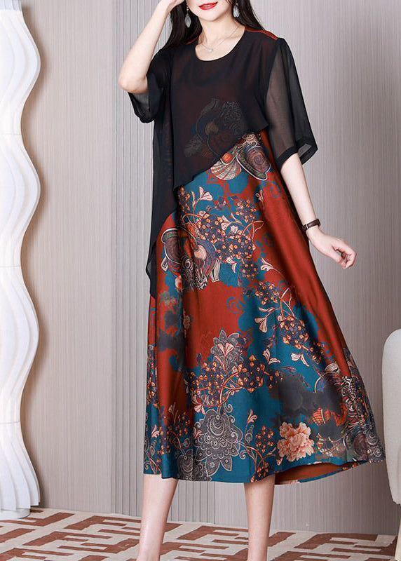 Boho Black O-Neck Patchwork Silk Fake Two Piece Long Dress Summer LY3765 - fabuloryshop