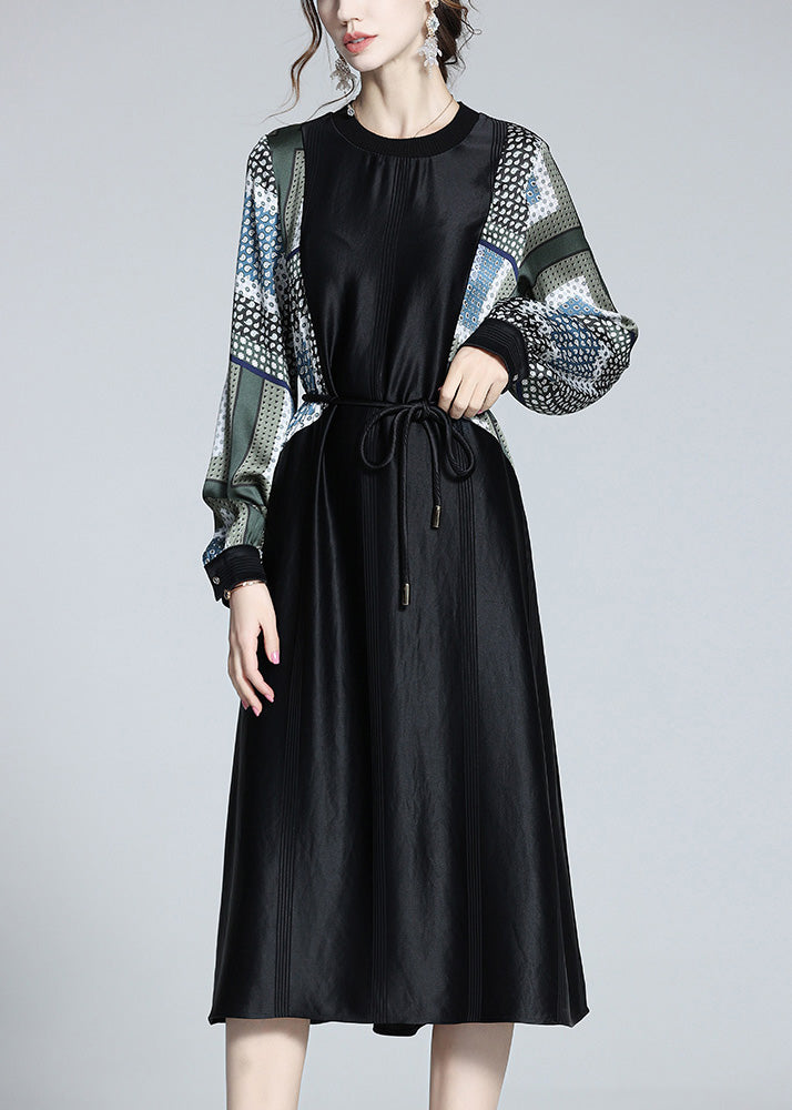 Boho Black O-Neck Print Patchwork Tie Waist Satin Vacation Long Dresses Long Sleeve LY1056 - fabuloryshop