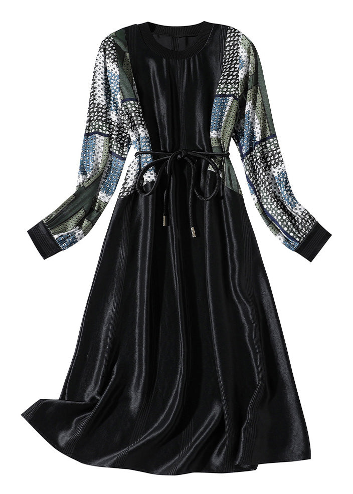 Boho Black O-Neck Print Patchwork Tie Waist Satin Vacation Long Dresses Long Sleeve LY1056 - fabuloryshop