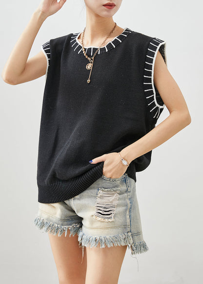 Boho Black O-Neck Striped Knit Vests Fall Ada Fashion