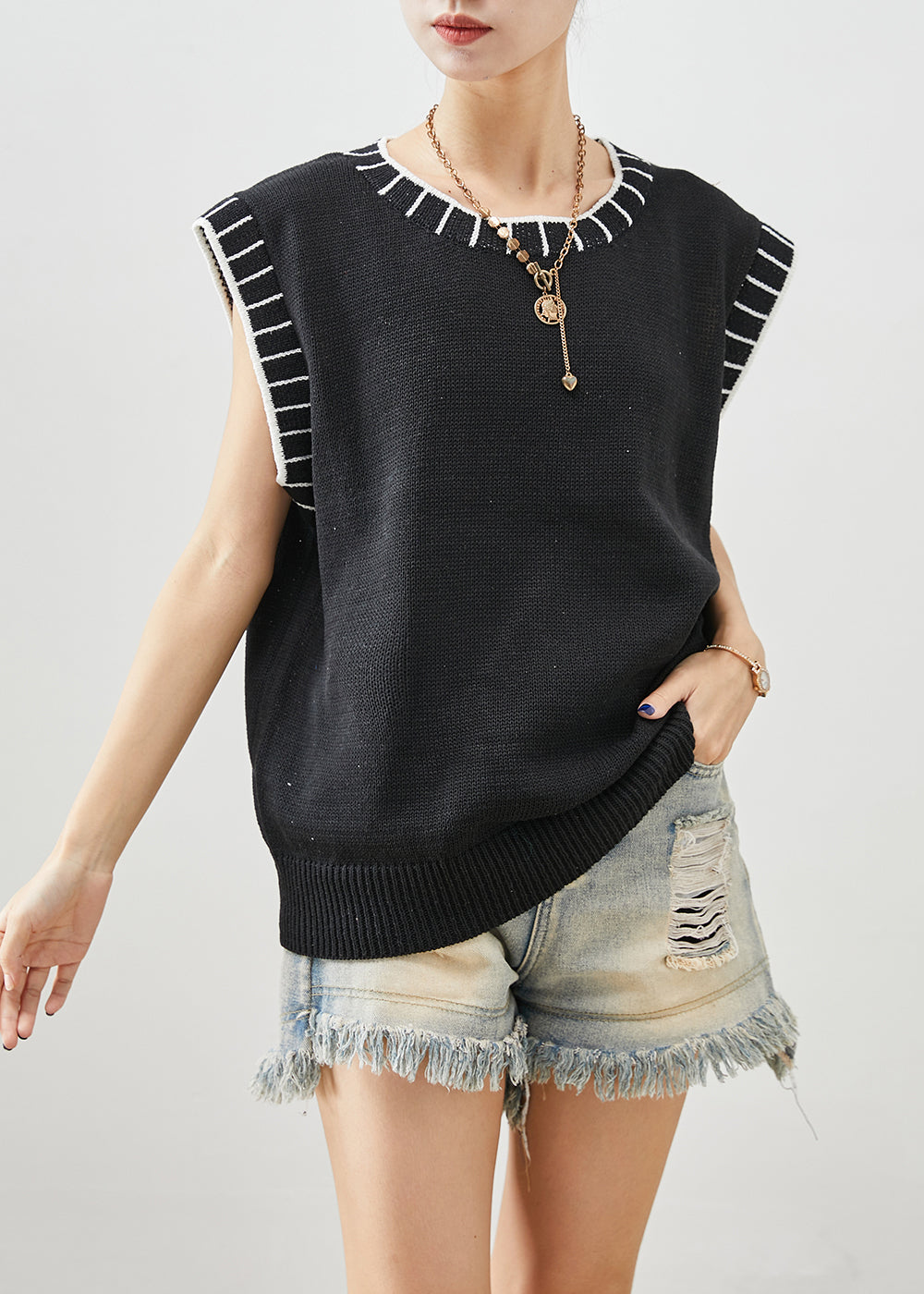 Boho Black O-Neck Striped Knit Vests Fall Ada Fashion