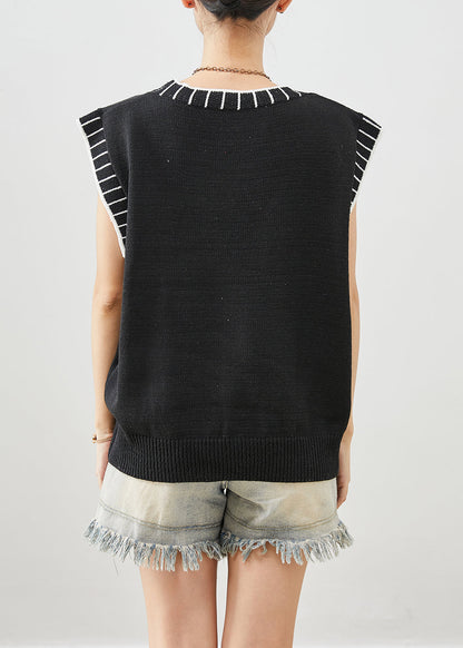 Boho Black O-Neck Striped Knit Vests Fall Ada Fashion