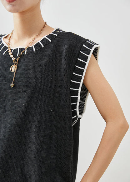 Boho Black O-Neck Striped Knit Vests Fall Ada Fashion