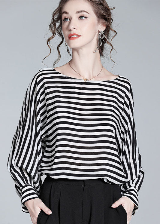 Boho Black O Neck Striped Patchwork Silk Shirt Tops Spring LY0141 - fabuloryshop