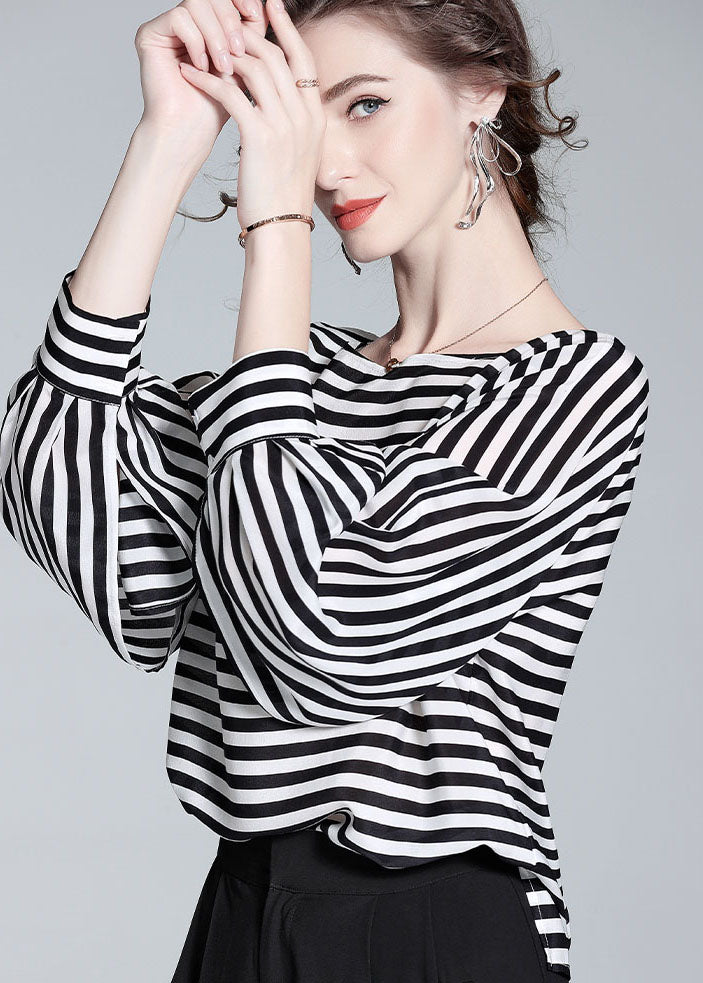 Boho Black O Neck Striped Patchwork Silk Shirt Tops Spring LY0141 - fabuloryshop