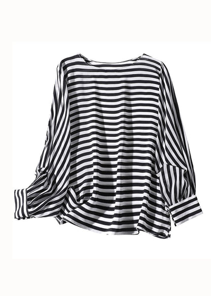 Boho Black O Neck Striped Patchwork Silk Shirt Tops Spring LY0141 - fabuloryshop