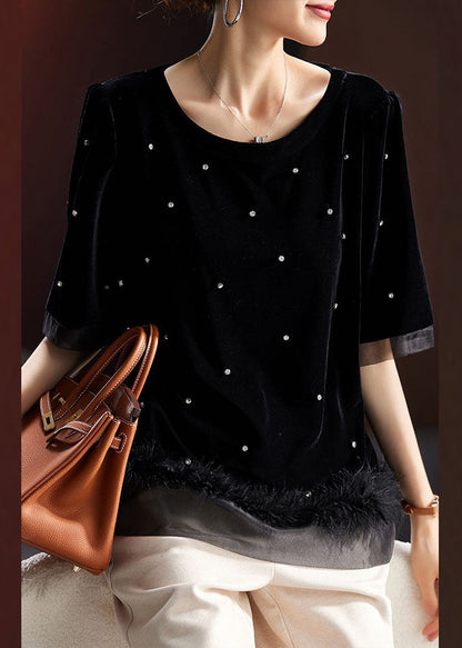 Boho Black O-Neck Zircon Tassel Patchwork Fluffy Silk Velour Top Summer Ada Fashion