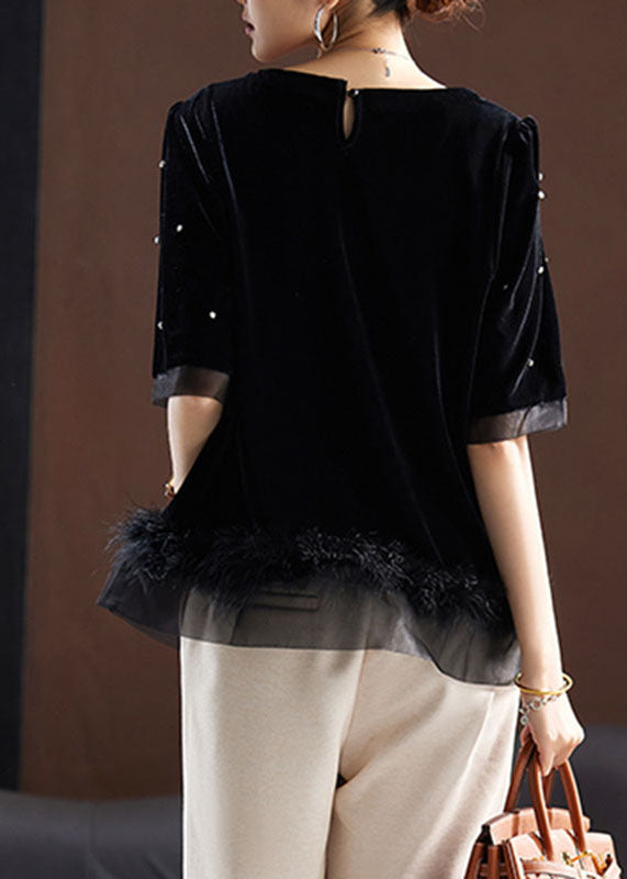 Boho Black O-Neck Zircon Tassel Patchwork Fluffy Silk Velour Top Summer Ada Fashion