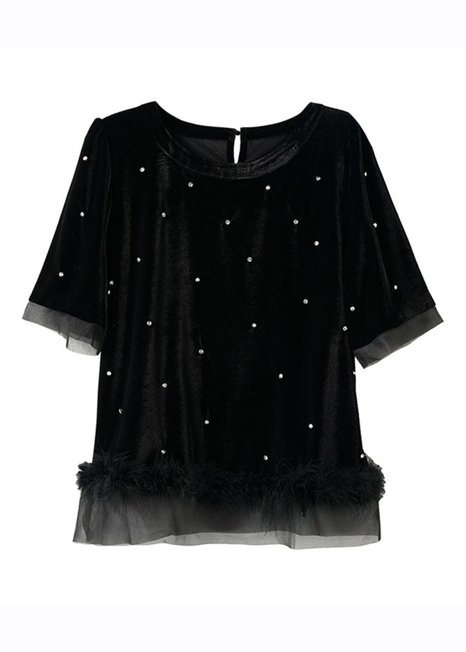 Boho Black O-Neck Zircon Tassel Patchwork Fluffy Silk Velour Top Summer Ada Fashion