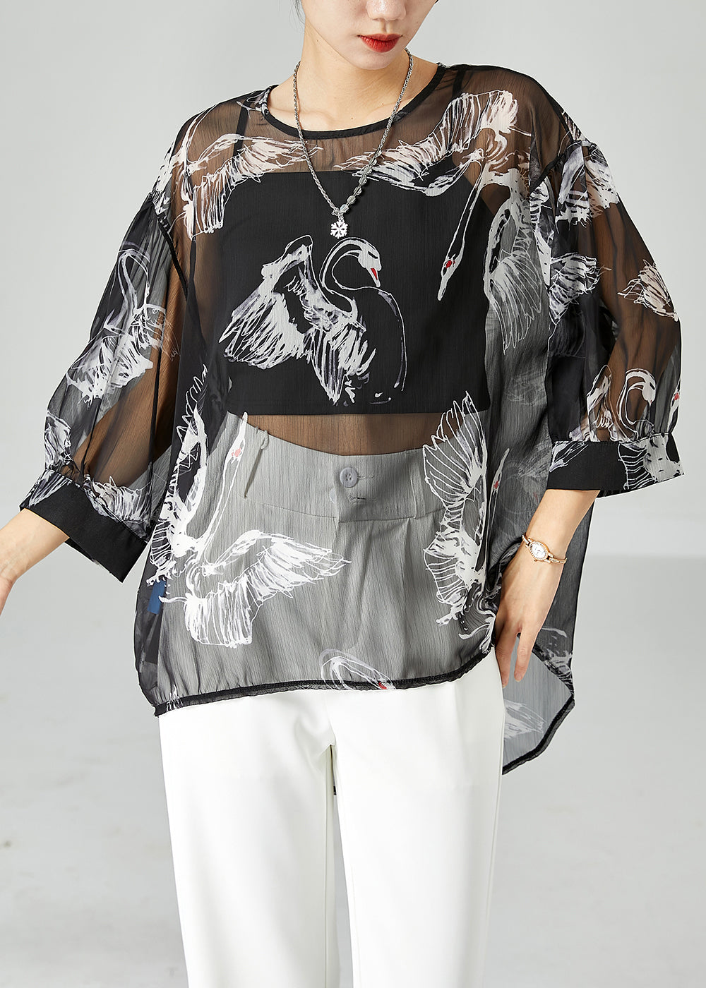 Boho Black Oversized Print Tulle UPF 50+ Tops Bracelet Sleeve LY2466 - fabuloryshop