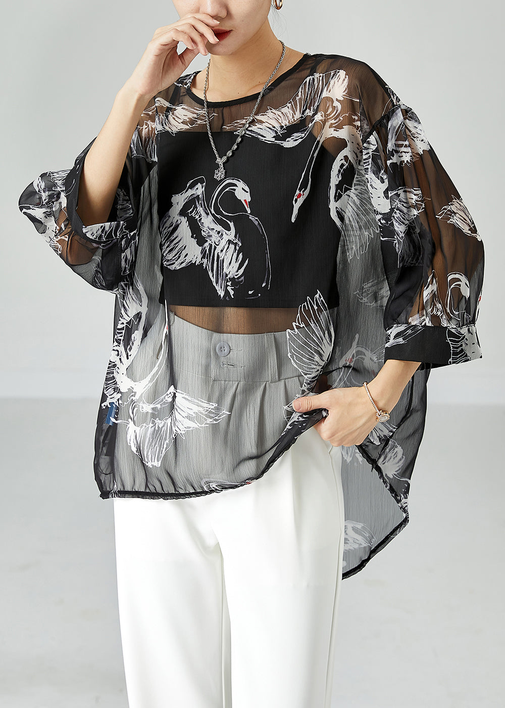 Boho Black Oversized Print Tulle UPF 50+ Tops Bracelet Sleeve LY2466 - fabuloryshop