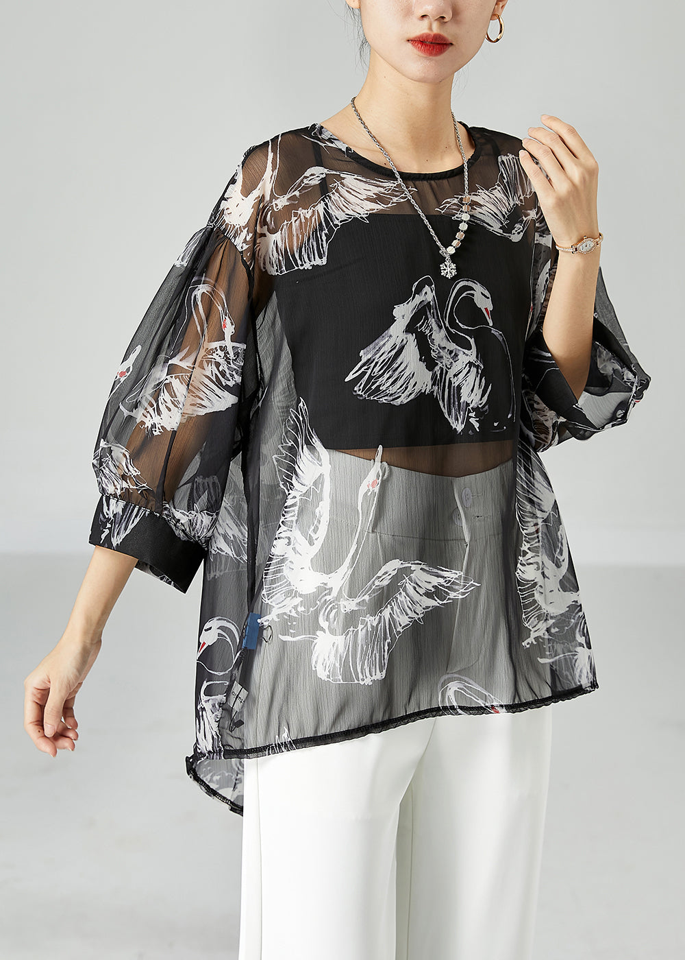 Boho Black Oversized Print Tulle UPF 50+ Tops Bracelet Sleeve LY2466 - fabuloryshop