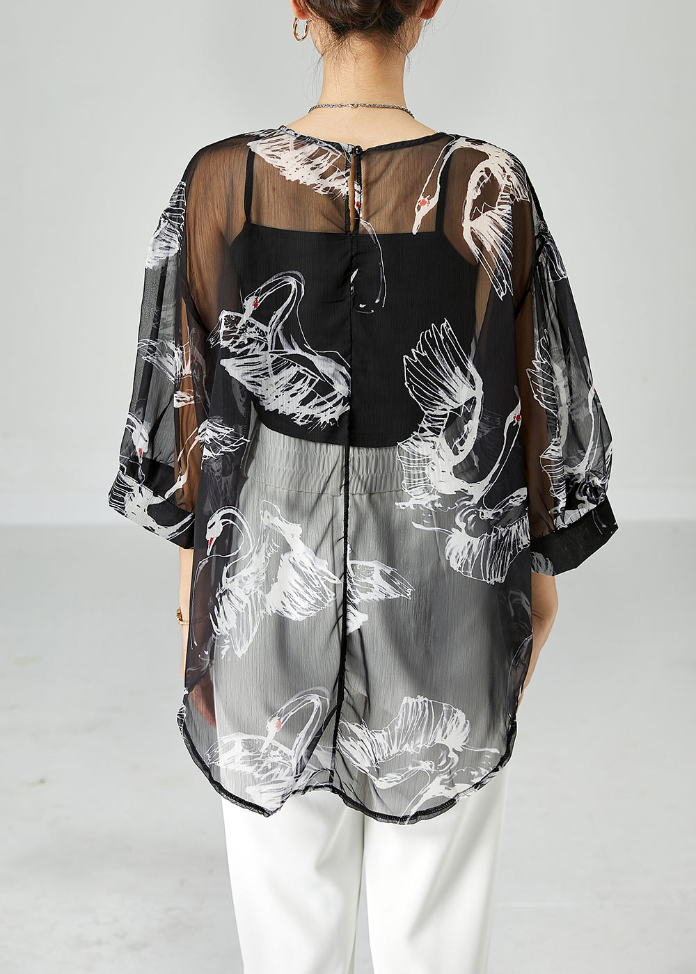 Boho Black Oversized Print Tulle UPF 50+ Tops Bracelet Sleeve LY2466 - fabuloryshop