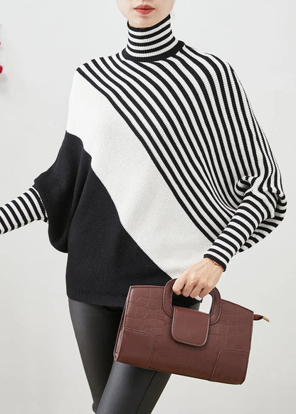 Boho Black Oversized Striped Knit Sweater Batwing Sleeve Ada Fashion