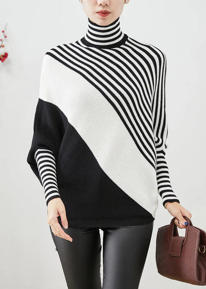 Boho Black Oversized Striped Knit Sweater Batwing Sleeve Ada Fashion