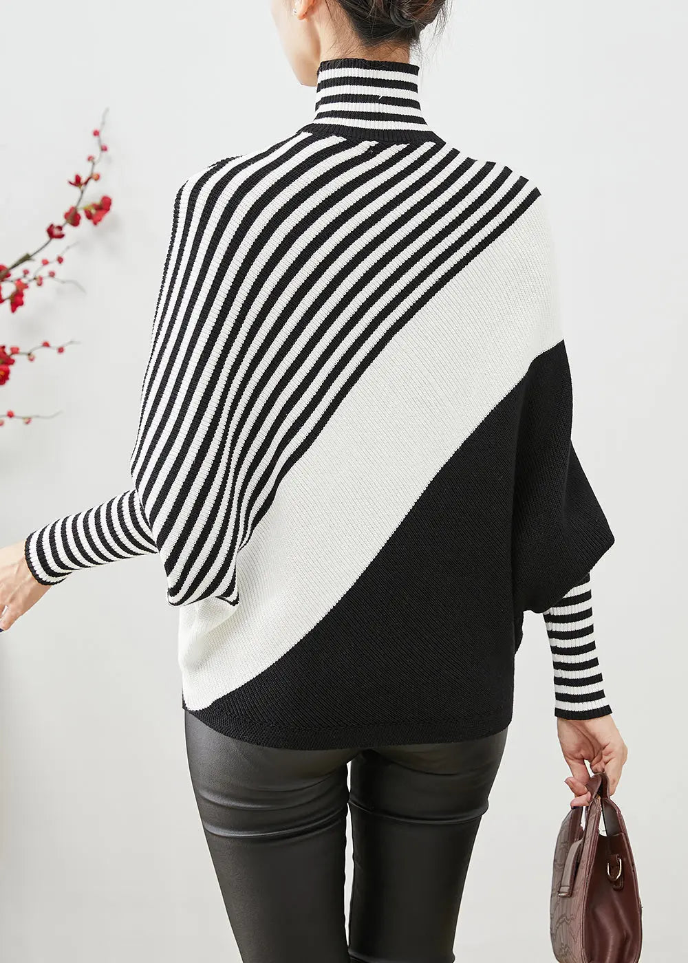 Boho Black Oversized Striped Knit Sweater Batwing Sleeve Ada Fashion