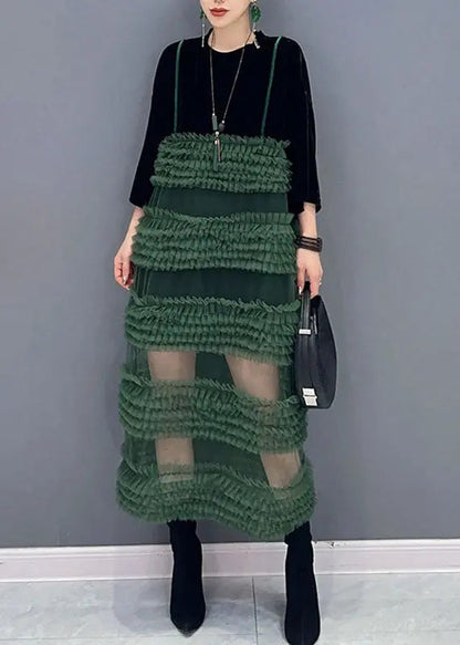 Boho Black Patchwork Green O-Neck Fake Two Pieces Tulle Long Dresses Long Sleeve Ada Fashion