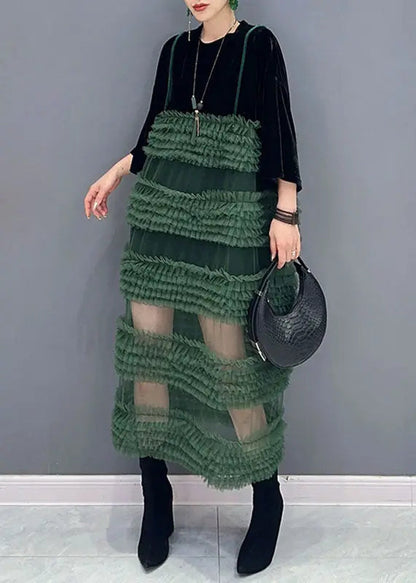 Boho Black Patchwork Green O-Neck Fake Two Pieces Tulle Long Dresses Long Sleeve Ada Fashion