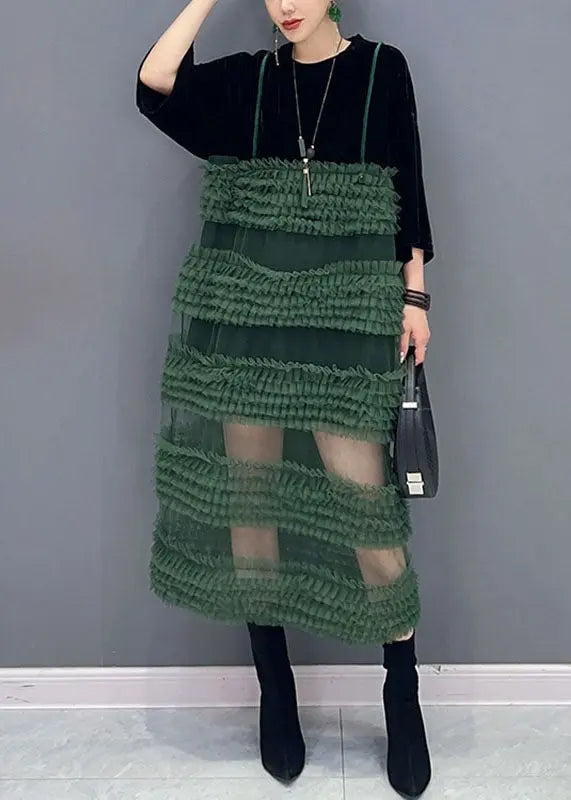 Boho Black Patchwork Green O-Neck Fake Two Pieces Tulle Long Dresses Long Sleeve Ada Fashion
