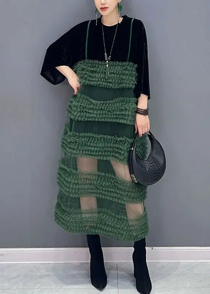 Boho Black Patchwork Green O-Neck Fake Two Pieces Tulle Long Dresses Long Sleeve Ada Fashion